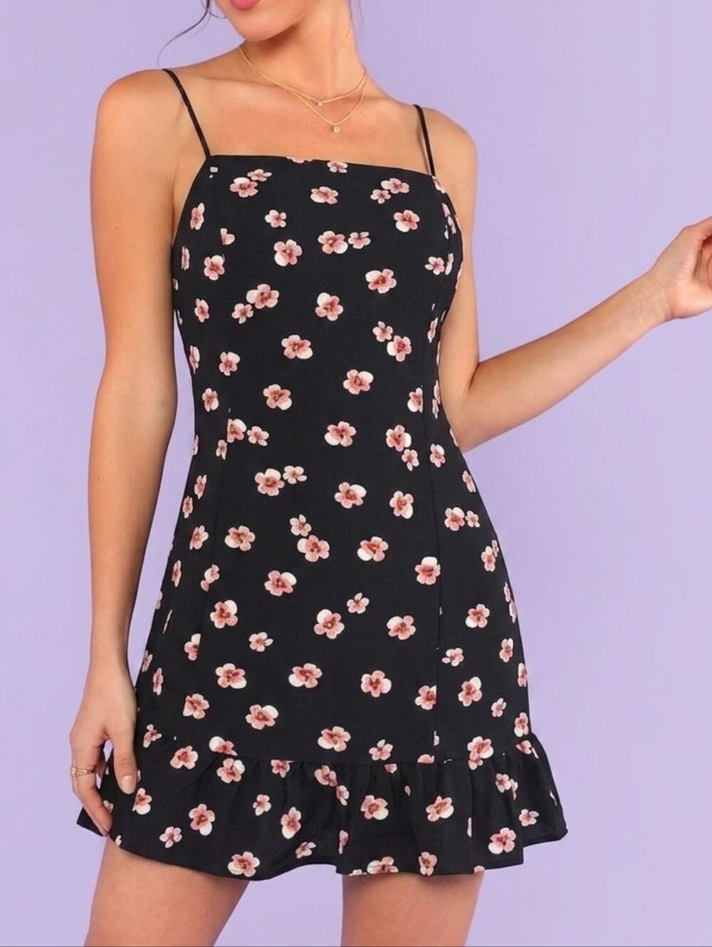 ZAFUL Black Floral Mini Dress Ruffle Hem Cami Straps Size Medium / US 6 Sundress